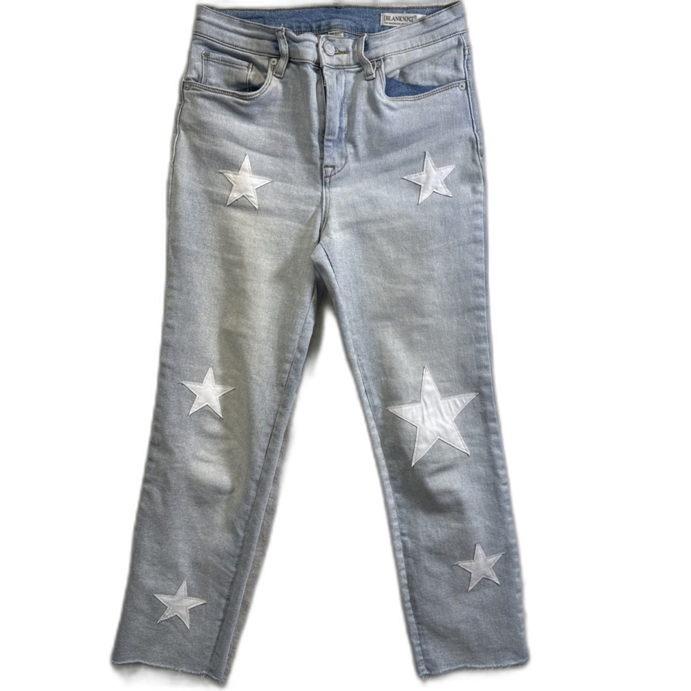 Blank NYC Madison Crop 26 Starlight Star Patch Jeans High Rise Wide Leg Denim